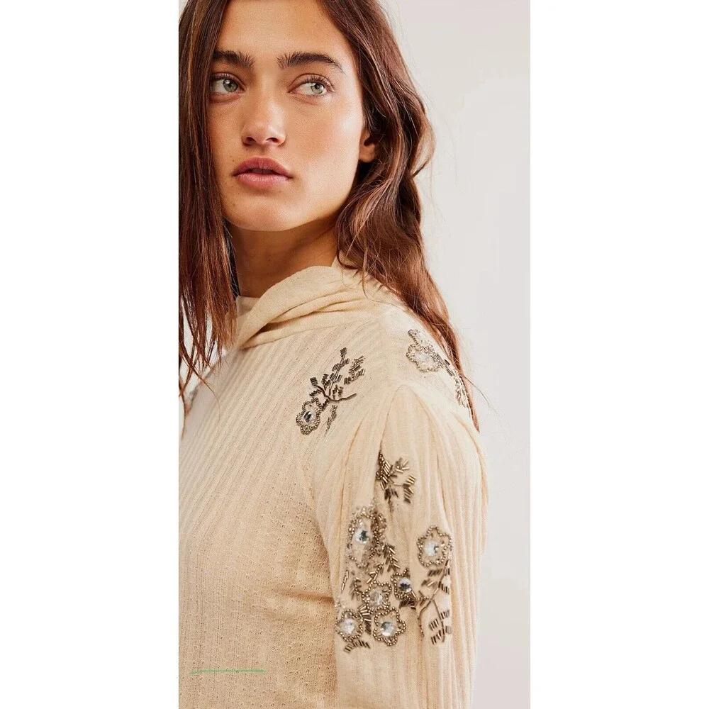 Free People Top Ivory High Maintenance Ballet Blouse Preppy Boho Jewel Sz M New